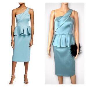 Aidan Mattox One-Shoulder Peplum Cocktail Midi Dress Aquamarine Blue Size 0